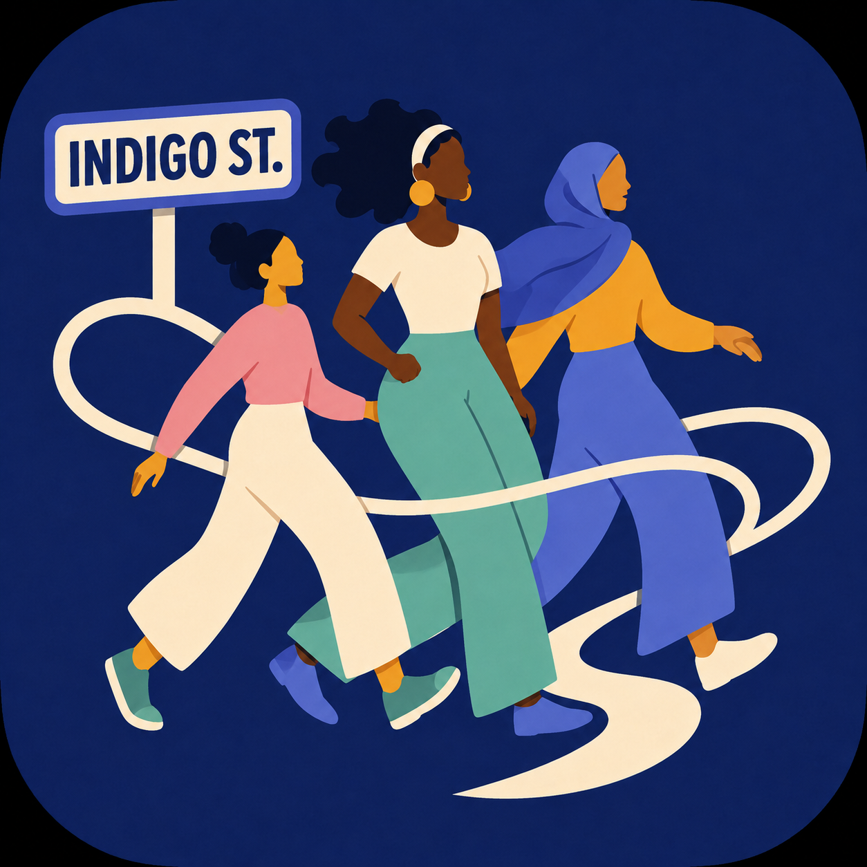 Three diverse women walking together past an Indigo St. street sign