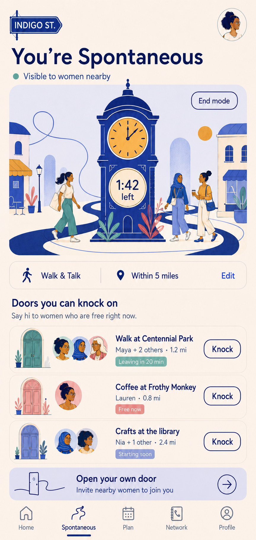 Indigo Streets app showing You're Spontaneous screen with Town Clock and Doors you can knock on