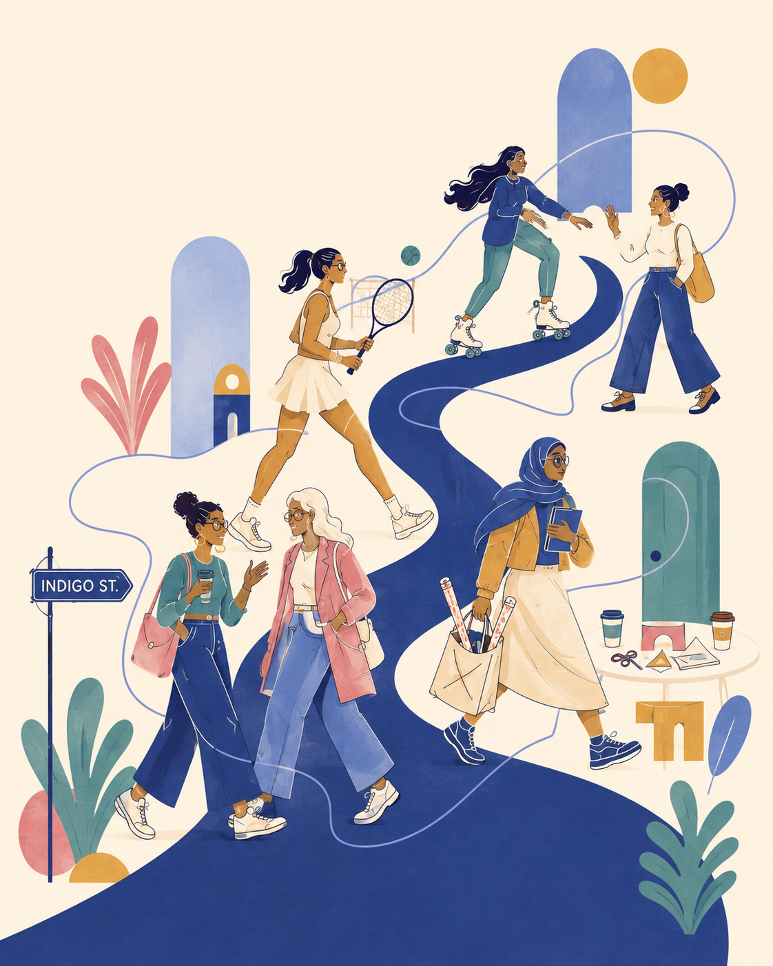Women walking, playing tennis, roller skating, doing crafts, and having coffee along a winding Indigo Street
