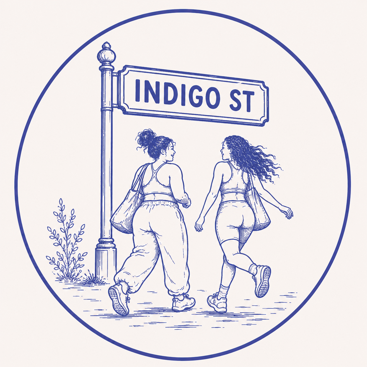 Two women walking past an Indigo St street sign